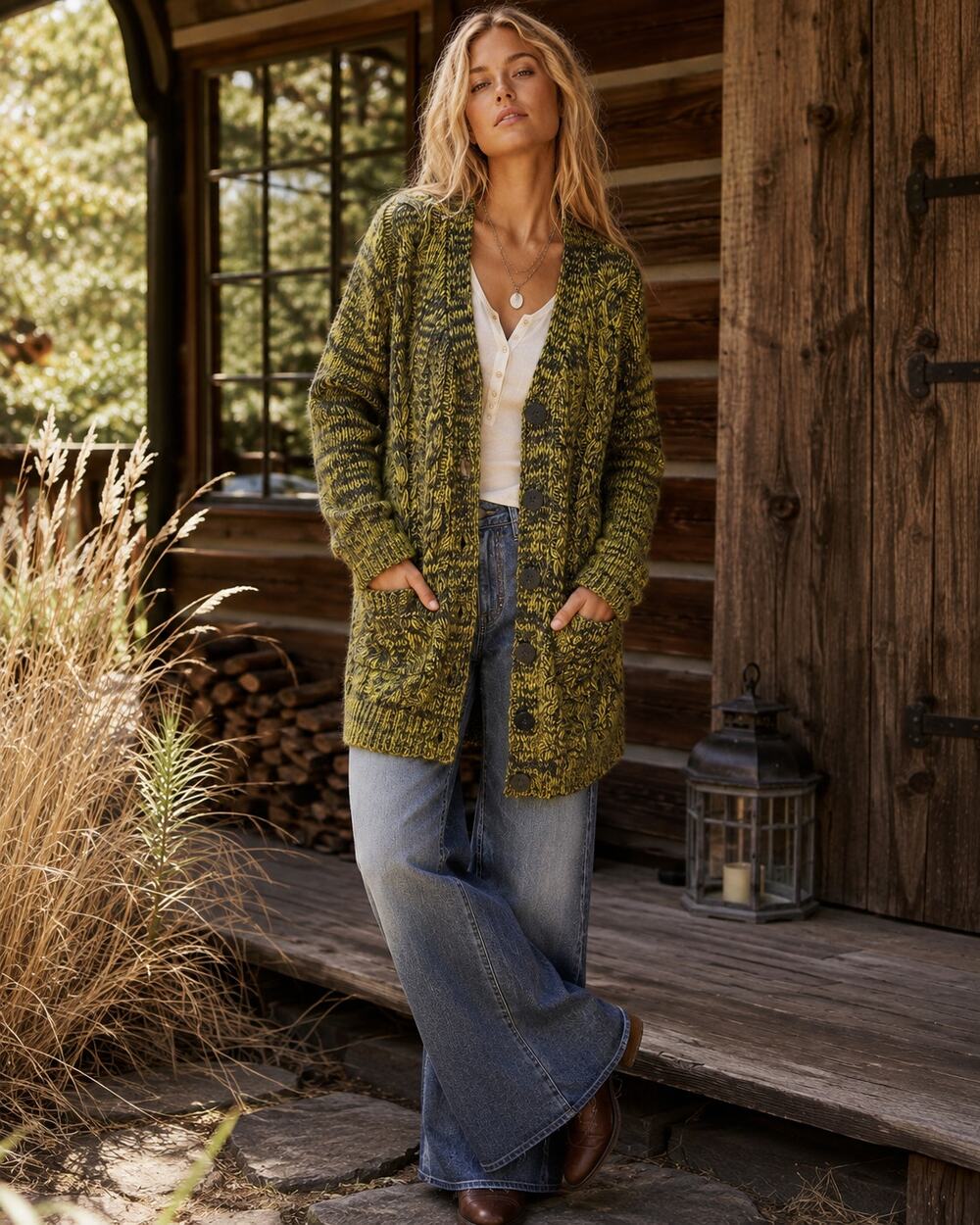 Carol Little Chunky Cable Knit Cardigan L Olive Chartreuse Long Sweater